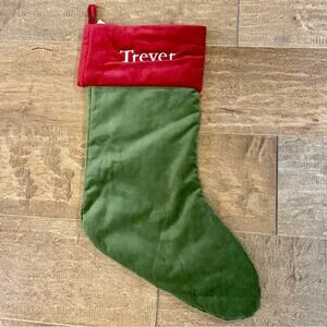 Pottery Barn Thick Velvet Personalized Stocking Trever Green with Red Cuff NWT